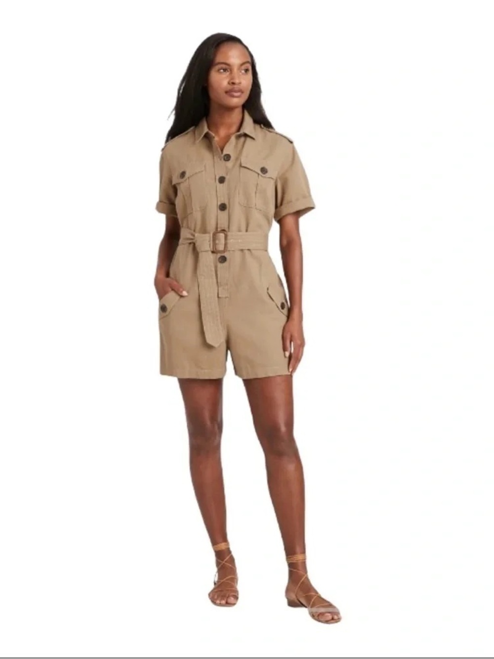 Banana Republic Khaki Short-Sleeve Utility Romper with Belt